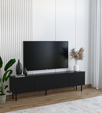 Minimalist 160 cm Demir Ayaklı Siyah Tv Ünitesi - İdeal Ebatlarla Modern Tasarım