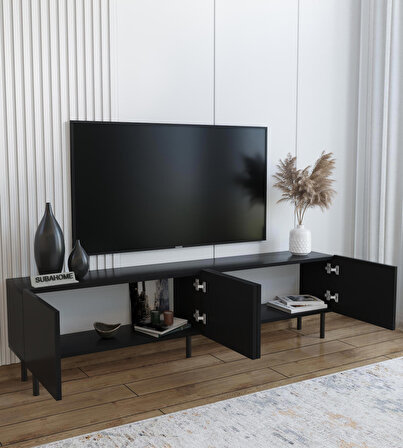Minimalist 160 cm Demir Ayaklı Siyah Tv Ünitesi - İdeal Ebatlarla Modern Tasarım