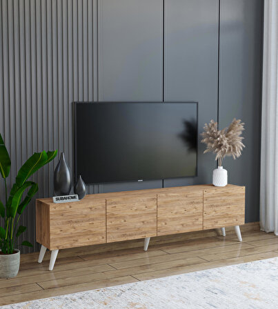 Ahşap Görünümlü Mdf 4 Kapaklı Tv Ünitesi 160 X 30 X 45 - Modern Ve Fonksiyonel Tasarım