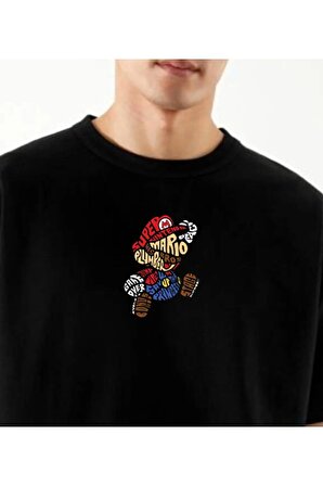 Mario Baskılı Siyah Oversize Tshirt