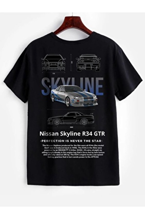 Nissan Skyline Gtr R34 Ön Ve Sırt Baskılı Siyah Unisex Oversize Tshirt