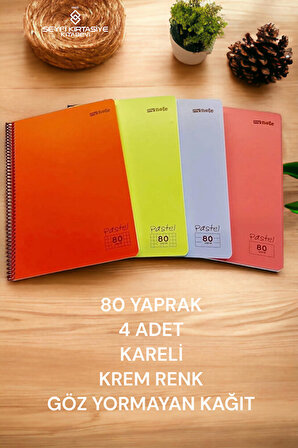 4 Adet A4 80 Yaprak Kareli Telli Defter Pastel Renk Plastik Kapak Göz Yormayan Krem Renk Kağıt