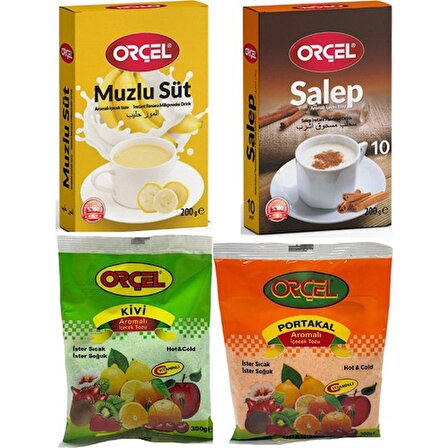 Orçel Sahlep 200gr. + Muzlu Süt 200gr. + Kivi 300gr. + Portakal 300gr. Aromalı İçecek Tozu Oralet Çay