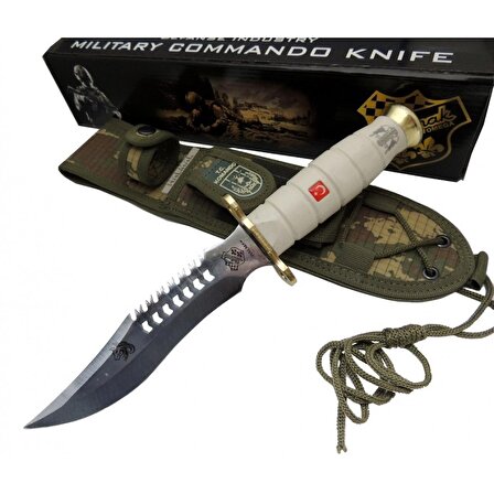 Halmak Beyaz Kurt Tırtıklı Oluklu Komando Bıçağı 30 cm - Kamuflaj Kılıflı