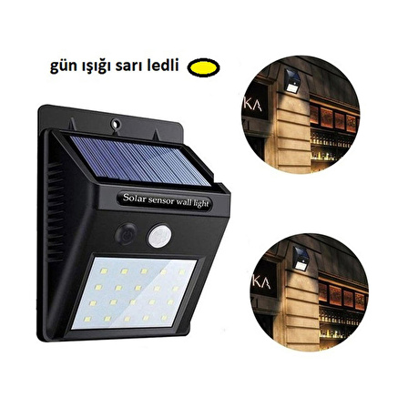 Gün Işığı Sarı Ledli Hareket Sensörlü Güneş Enerjili Led Aydınlatma Dış Mekan Bahçe 20 Led Li