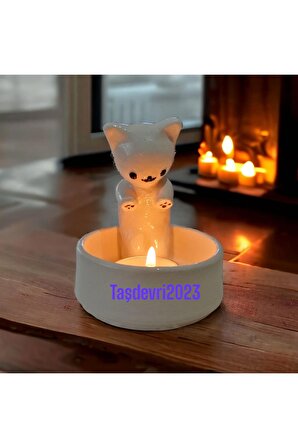 Dekoratif Ateş Başında Isınan Kedi Tealight Mumluk 