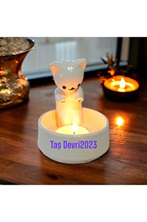 Dekoratif Ateş Başında Isınan Kedi Tealight Mumluk 