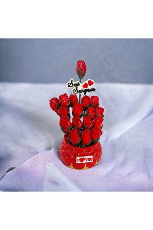 Sevgililer Günü Özel Taş Saksı Çiçek  Kırmızı Gül