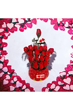 Sevgililer Günü Özel Taş Saksı Çiçek  Kırmızı Gül
