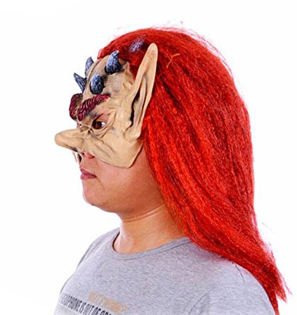 Kırmızı Saçlı Yarım Surat Boynuzlu Lateks Asteriks Viking Hobbit Maskesi