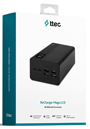 ttec ReCharger Mega LCD 50.000 mAh PD 20W Taşınabilir Hızlı Şarj Aleti, Powerbank