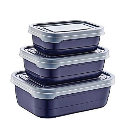 Turan Plastik Kapaklı Mutfak Eşya Gıda Saklama Düzenleme Kabı Kutusu - 3'lü Set - Mavi
