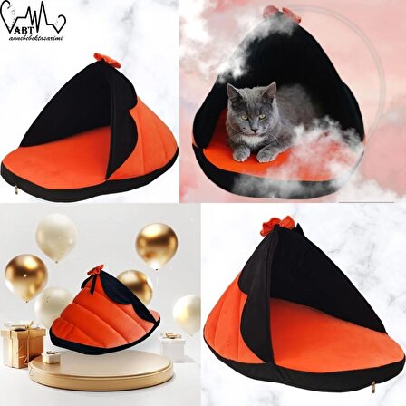 Terlik Tasarımlı Ultra Lüks Şık görünümlü Taytüyü kumaş Kedi Evi ve Yatağı turuncu