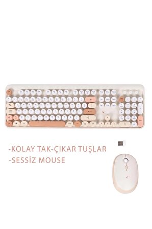 TWOTECH Renkli Tuşlu Kablosuz Fildişi Q Türkçe Klavye+Mouse Seti