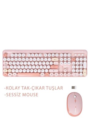 TWOTECH Renkli Tuşlu Kablosuz Pembe Q Türkçe Klavye+Mouse Seti