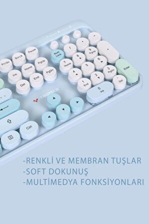 TWOTECH Renkli Tuşlu Kablosuz Uyumlu Mavi Q Türkçe Klavye+Mouse Seti