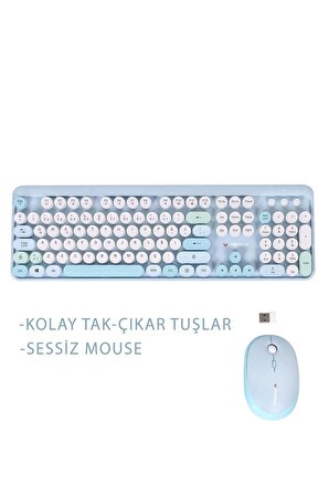 TWOTECH Renkli Tuşlu Kablosuz Uyumlu Mavi Q Türkçe Klavye+Mouse Seti
