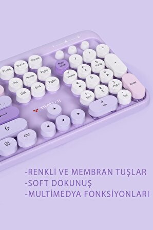 TWOTECH Renkli Tuşlu Kablosuz Mor Q Türkçe Klavye+Mouse Seti Uyumlu