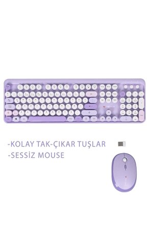 TWOTECH Renkli Tuşlu Kablosuz Mor Q Türkçe Klavye+Mouse Seti Uyumlu