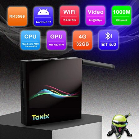 Tx66 Android 11 UyumluTV kutusu RK3566 4G/32G BT 5.0 / 2.4G & 5G Wifi 8K Set Top BOX medya oynatıcı