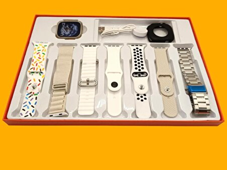 Yeni Nesil Watch 9 Ultra2 7 Kordonlu Akıllı Saat,Koruma Kılıf Hediyeli Beyaz Akıllı Saat