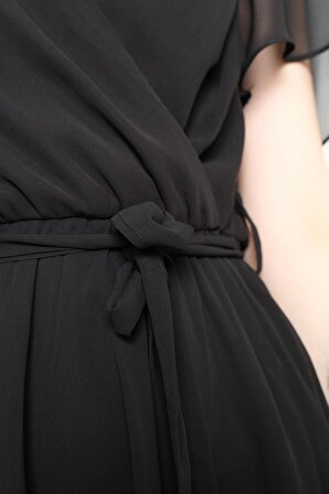Kadın Kruvaze Yaka Şifon Elbise Siyah