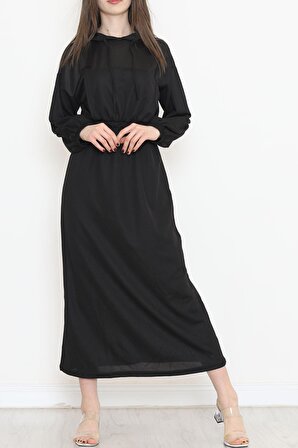 Kadın Beli Lastikli Kapşonlu Elbise Siyah