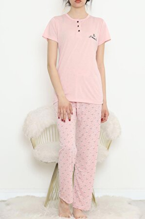 Kadın Düğmeli Pijama Takımı Pudra2