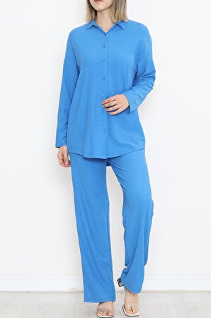 Kadın Gofre Gömlekli Takım Mavi