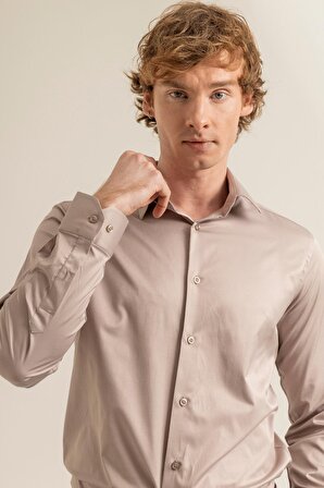 Erkek Vizon Rengi Pamuk Saten Kolay Ütülenebilir Casual Cepsiz Modern Fit Gömlek
