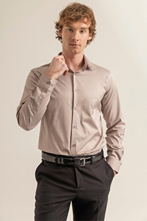 Erkek Vizon Rengi Pamuk Saten Kolay Ütülenebilir Casual Cepsiz Modern Fit Gömlek