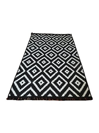 Voho Tekstil Piramit Desen Siyah & Beyaz Çift Taraflı Kilim & Yolluk