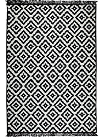 Voho Tekstil Piramit Desen Siyah & Beyaz Çift Taraflı Kilim & Yolluk