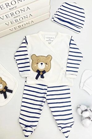 Yeni Sezon Kutulu Ayıcıklı 5li Hastane Çıkış Seti Erkek Bebek Yenidoğan Kıyafeti