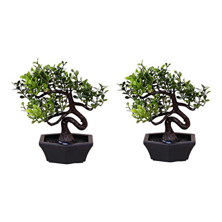 2 Adet Yapay Mini Ağaç Dekoratif Süs Ağaç Yapraklı Bonsai - 11 cm