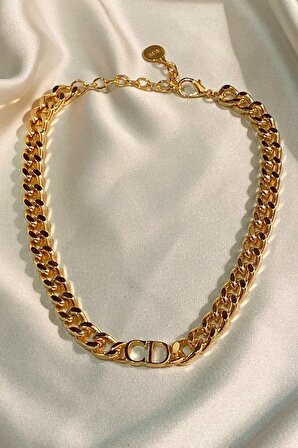 Kadın Gold Cd Harfli  Christian Dior Model  Kalın Zincir Kolye Altın Renk