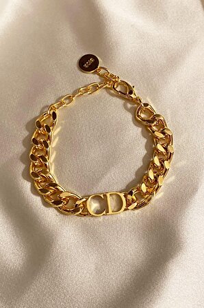 Kadın Gold Cd Harfli Christian Dior Model Kalın Zincir Bileklik Altın Renk