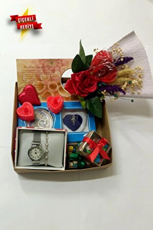 Saat bileklik istiridye kolye çiçekli hediye sepeti yeni yıl yılbaşı hediyeleri