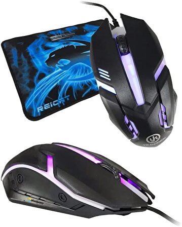 Işıklı Oyuncu Mouse + Mouse Pad Set, Yüksek Kalite, RGB Işıklı Gaming Mouse ve 30x24cm Desenli Oyuncu MousePad