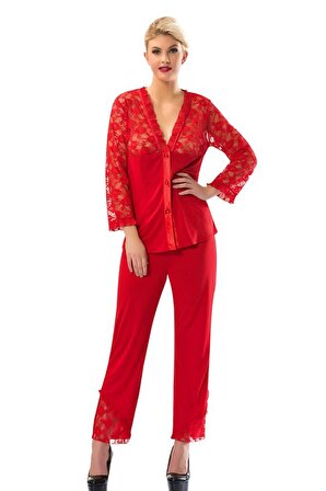 Sistina Bayan Kırmızı Dantelli Penye Uzun Kol Pijama Takımı 1570