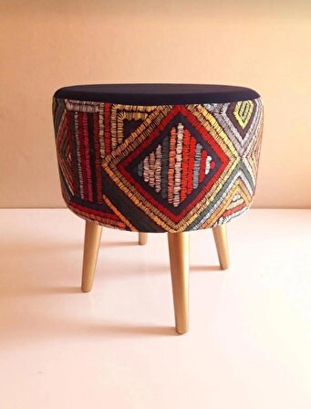 Retro Gürgen Ahşap Ayaklı Dekoratif Etnik Üst Kiremit Desenli Silindir Puf Bench Koltuk Sandalye