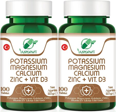Yurdavit Potasyum Magnezyum Kalsiyum Çinko D3 Vitamini 2x100 Tablet Potassium Magnesium Calcium Zinc Vitamin D3  