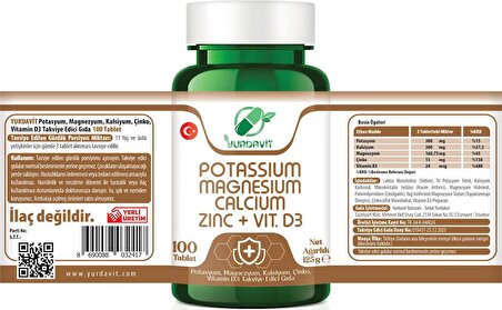 Yurdavit Potasyum Magnezyum Kalsiyum Çinko D3 Vitamini 2x100 Tablet Potassium Magnesium Calcium Zinc Vitamin D3