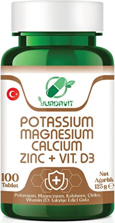Yurdavit Potasyum Magnezyum Kalsiyum Çinko D3 Vitamini 100 Tablet Potassium Magnesium Calcium Zinc Vitamin D3