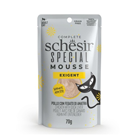 Schesir Exigent Tavuk ile Ördek Karaciğeri Tam ve Dengeli Yetişkin Kedi Maması Pouch 12 x 70 gr