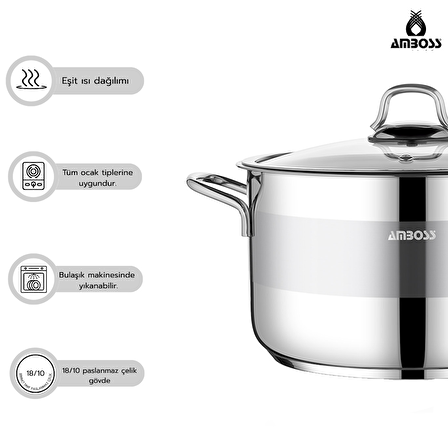 Amboss Saphire Paslanmaz Çelik 14 cm Cam Kapaklı Derin Tencere