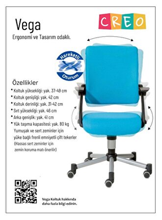 Creo Mobili Vega Hareketli Oturum ve Yükseklik Ayarlı Çalışma Sandalyesi - Mavi / Beyaz
