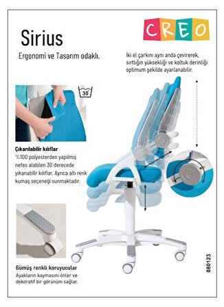 Creo Mobili Sirius Derinlik ve Yükseklik Ayarlı Çalışma Sandalyesi - Mavi / Beyaz