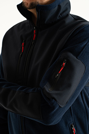 Souris Erkek Lacivert Dar Kalıp Tüylenme Yapmayan Tam Fermuar Softshell Garnili Polar Sweatshirt