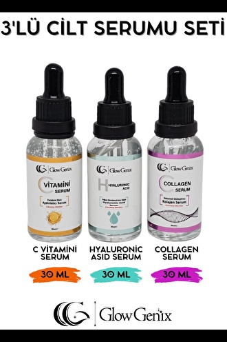 GlowGenix 3'lü Cilt Serumu Seti | C Vitamini Serum | Hyaluronic Asid Serum |  Collagen Serum